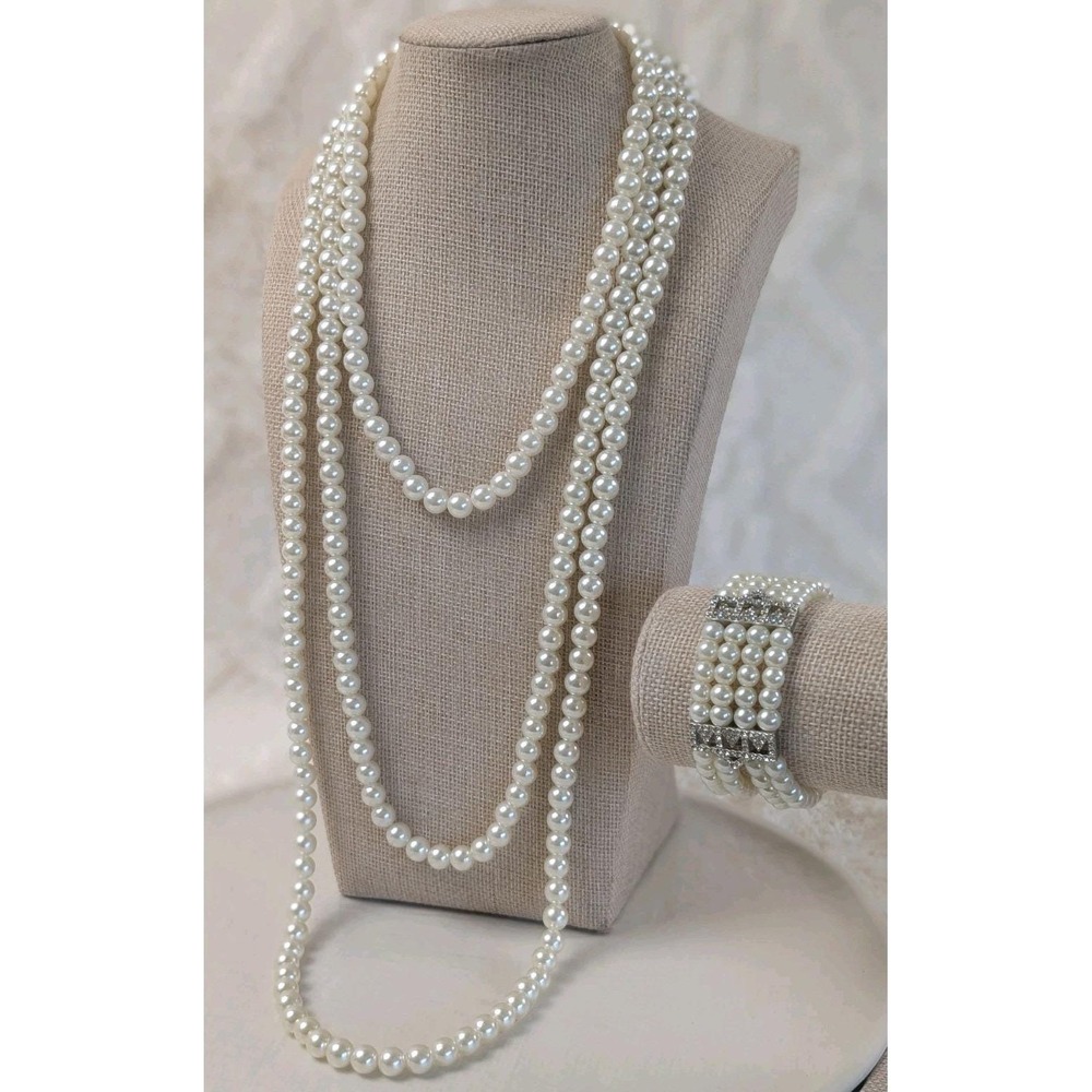 Faux Pearl Necklace Bracelet Set Multi Strand‎ Rhinestone Wedding Formal